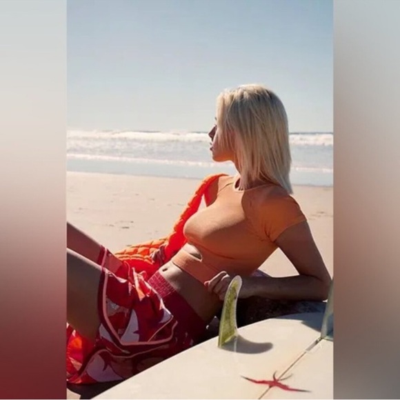 NEW Free People FP Movement The Long Shot Printed Shorts Firey Combo Pink Orange - Picture 5 of 9